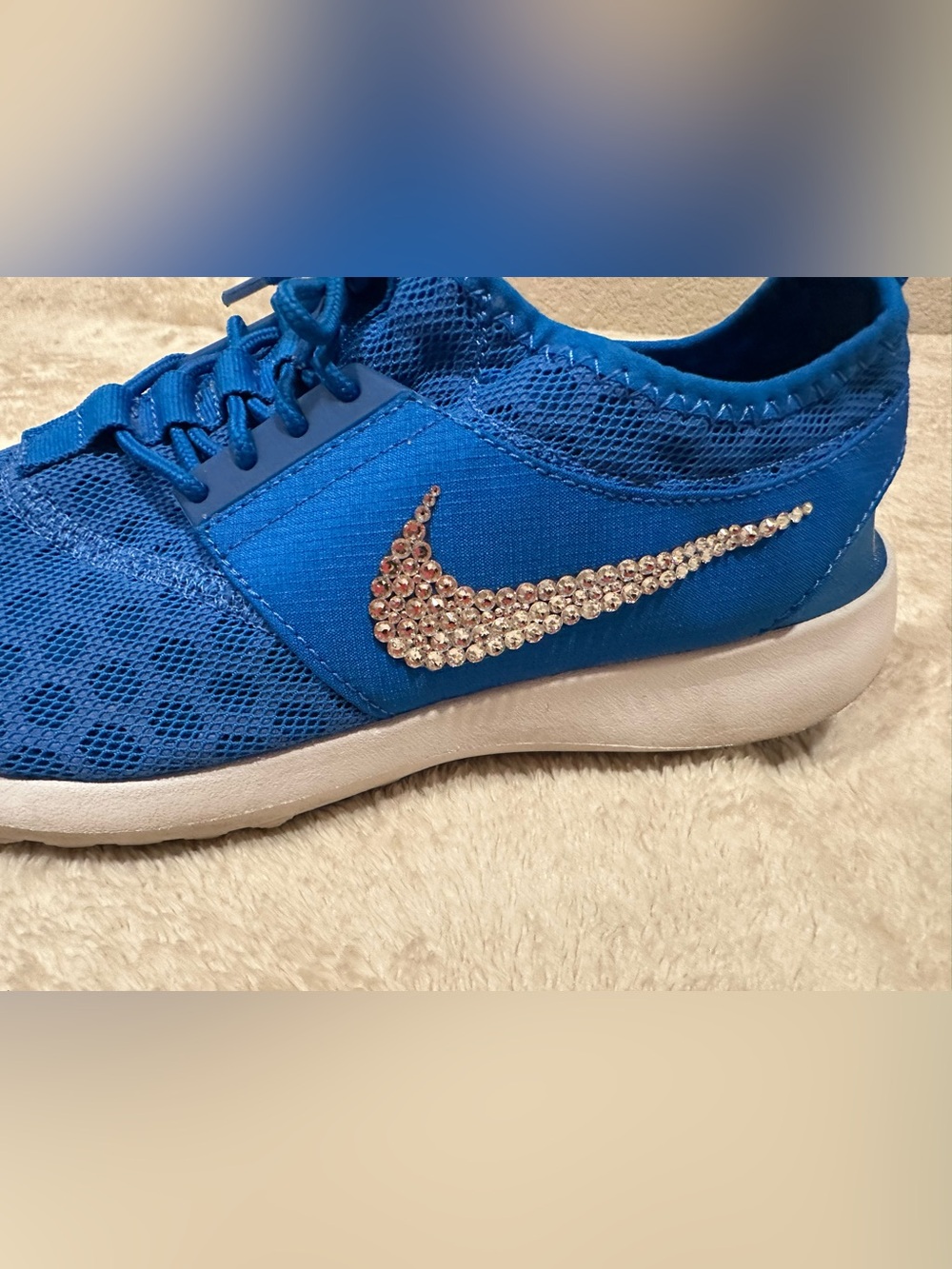Nike Women’s Bright Blue Mesh Sneakers with custom bling on outer logo